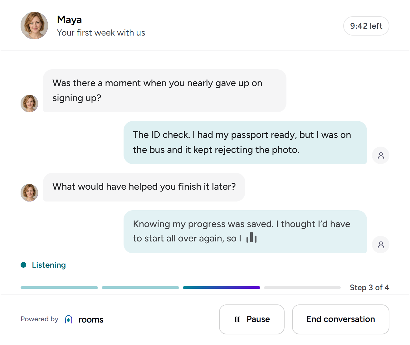 A sample interview: the participant answers Maya out loud, and their words appear as live captions.